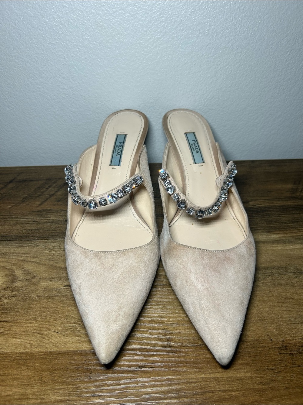 Prada Nude Crystal-Embellished Pointed-Toe Mules